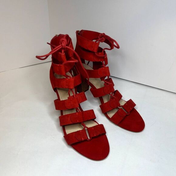Marc Fisher Red Leather Suede Strappy Lace Heeled Sandals Zip Womens Designer - Picture 2 of 8